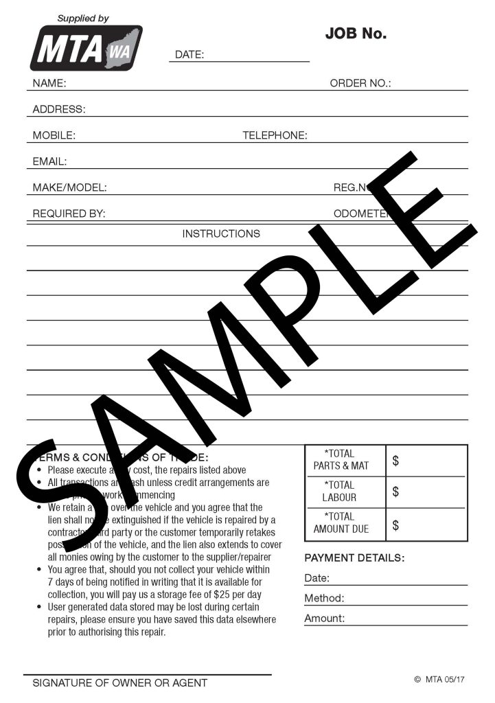 Repair Order Job Cards - 500 per pack (S23) | MTA WA