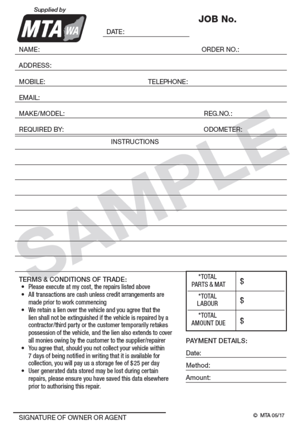 Repair Order Job Cards - 500 per pack (S23) | MTA WA