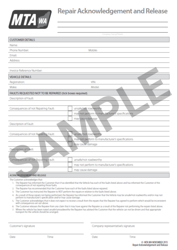 VL12 Vehicle Acquisition Forms WA | 100 Duplicates | MTA WA